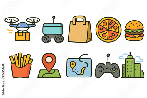 Delivery, fast food flat icon set. Robotics, navigation, city life, playful icons collection