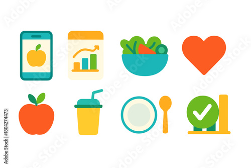 Healthy eating icon set. Nutrition, food linear icons for wellness and diet planning