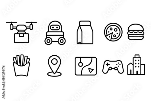 Food delivery and gaming line icon set. Menu, location, and tech icons outline collection