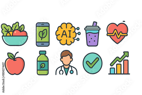 Health and wellness flat icon set. Fitness, nutrition, healthcare icons collection.