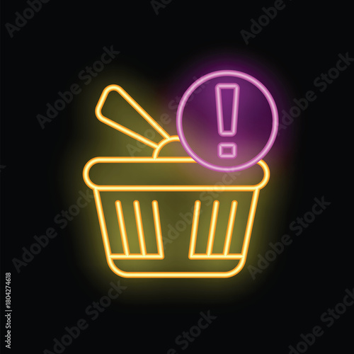 Neon shopping basket with exclamation point warning of a problem with an online order on a dark background