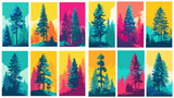 Vibrant illustration set of pine trees in bold colors with artistic silhouettes and gradient backgrounds, creating dynamic forest themed decorative panels.