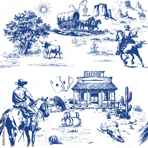 Western wild west seamless pattern blue cowboy illustration sketch draw style
