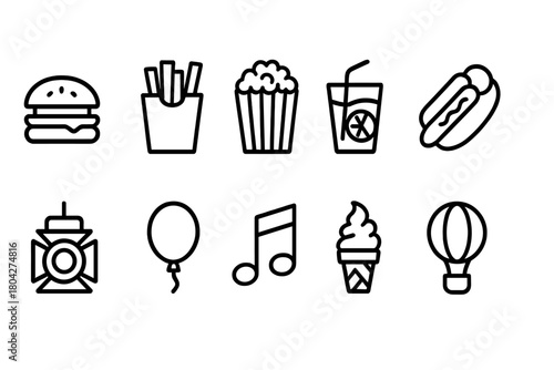 Food and entertainment silhouette icon set: fast food, music, and balloon icons collection