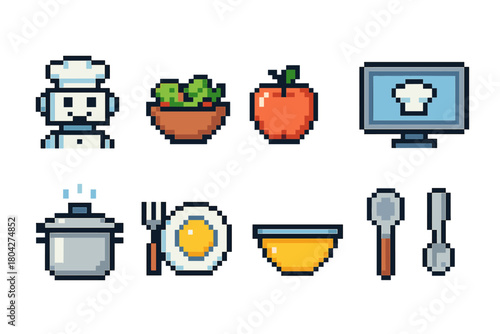 Cooking, cuisine pixel icon set. Food, culinary arts icons in pixelated style