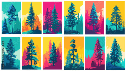 Vibrant illustration set of pine trees in bold colors with artistic silhouettes and gradient backgrounds, creating dynamic forest themed decorative panels.