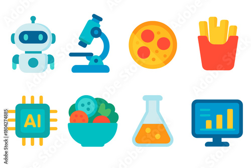 Technology and food filled icon set: robot, pizza, ai, microscopy icons