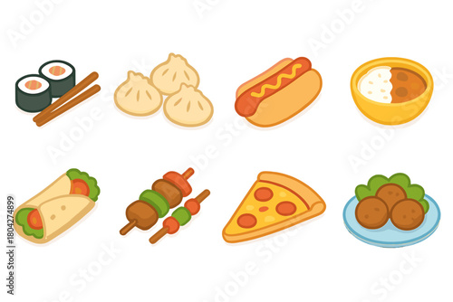 Food and drink icon set including 3d pizza, sushi, and taco imagery.