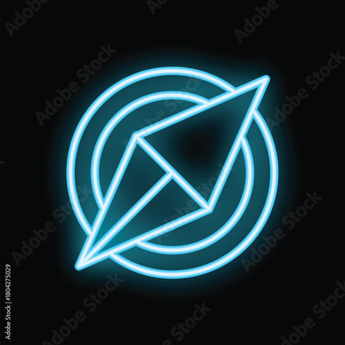 Neon sign in the shape of a compass pointing up and to the right on a black background