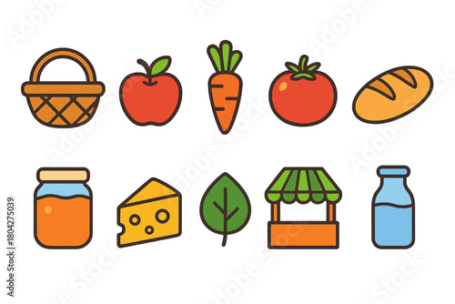 Farmers market outline icon set. Fresh produce, food, organic shopping icons outlined.