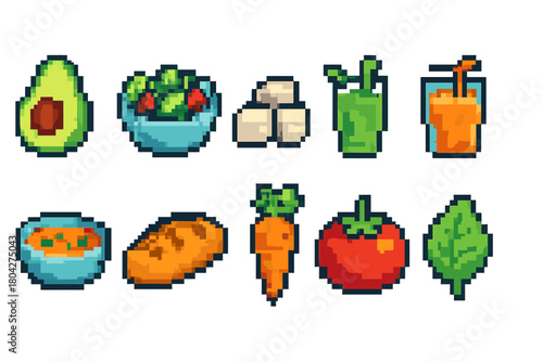 Food and drink pixel icon set. Fresh, healthy eating icons in pixel style collection.