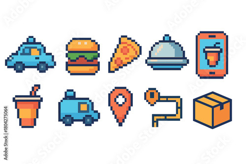 Food delivery pixel icon set. Fast food, meals, drinks outline style collection