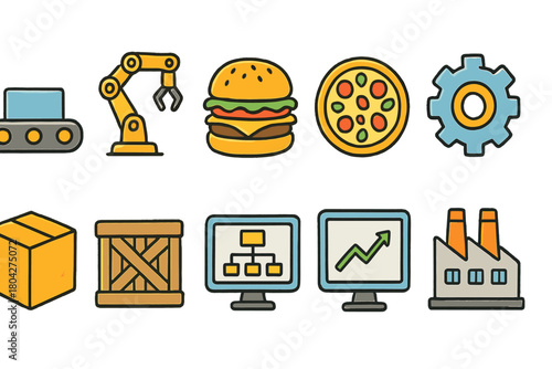Industry and food flat icon set. Machinery, food items, and factory flat icons