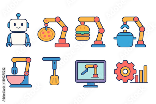 Robotics and cooking flat icon set. Kitchen robots, food automation, culinary tech icons