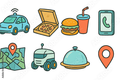 Food and delivery icon set. Fast food, online order flat icons collection