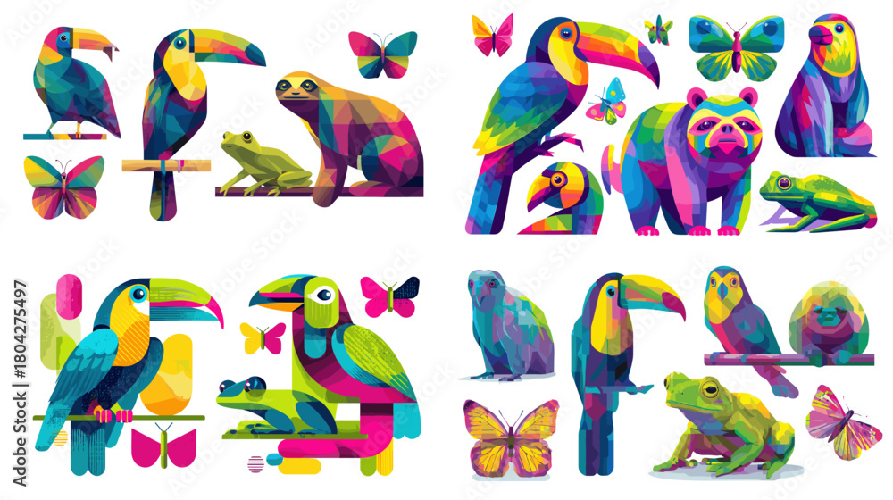 Obraz premium Bright illustration set of tropical birds, frogs, butterflies, and mammals in bold colors, showcasing energetic exotic wildlife with vibrant artistic detail.