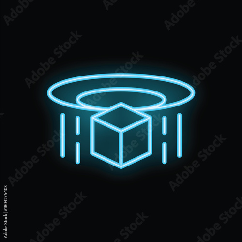 Blue neon icon of a 3d printer scanning an object, representing modern manufacturing technology