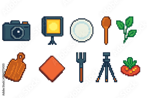 Pixel art food and kitchen icon set. Culinary, dining icons in pixel style.