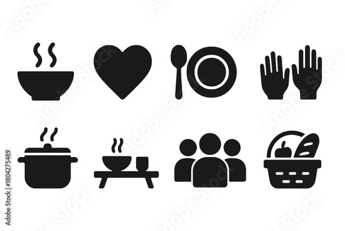 Silhouette food and cooking icon set. Kitchen, dining, meal symbols collection