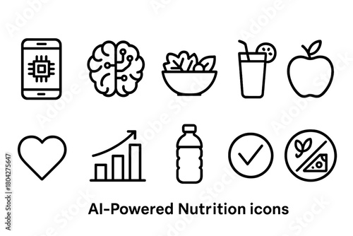 Ai-powered nutrition line icon set. Healthy eating, food, diet, technology icons.