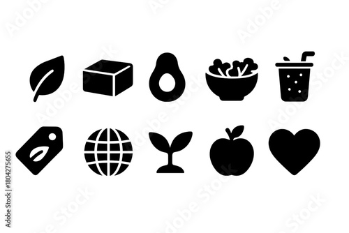 Fruit and vegetable solid icon set. Healthy food and drink icons collection