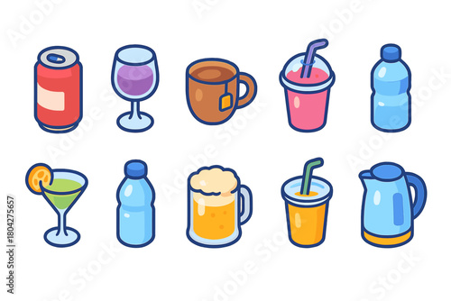Food and drink outline icon set. Beverage, cocktail, coffee icons collection
