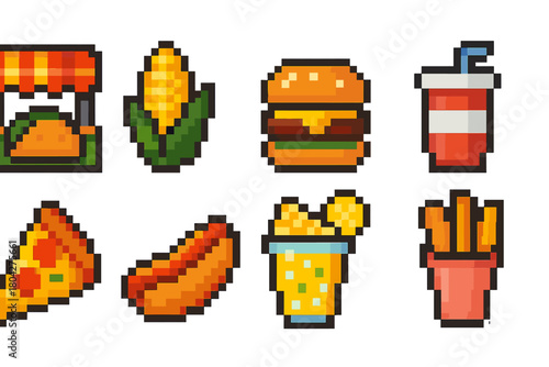 Food and drink icon set. Pixel art food, fast food icons, delicious style