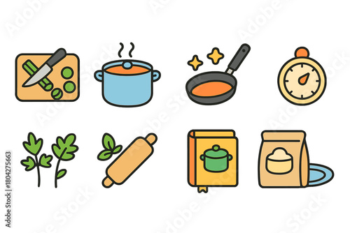 Cooking and kitchen flat icon set. Culinary, baking, and food preparation icons collection