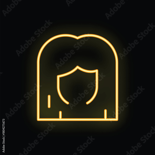 Neon glowing icon of a woman with long hair and a shield covering her face, symbolizing protection and security