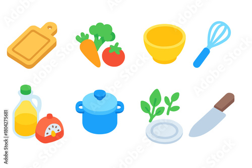 Cooking and kitchen flat icon set. Utensils, ingredients, and appliances collection