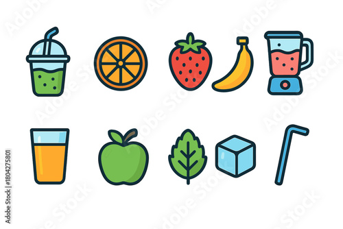 Smoothie ingredients icon set. Healthy drinks flat style illustrations collection