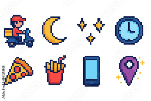 Food delivery, nighttime line icon set. Fast delivery, meal service outline icons