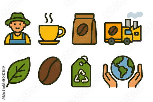 Coffee production line icon set. Organic, sustainable icons flat collection