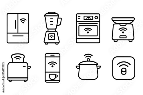Kitchen appliances linear icon set. Smart technology, cooking, kitchen outline collection.