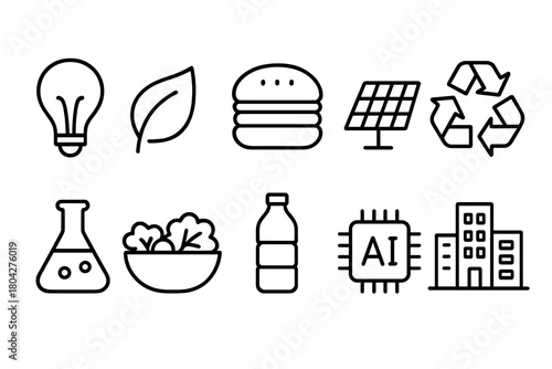 Sustainability and eco-friendly line icon set. Green living, renewable energy icons.