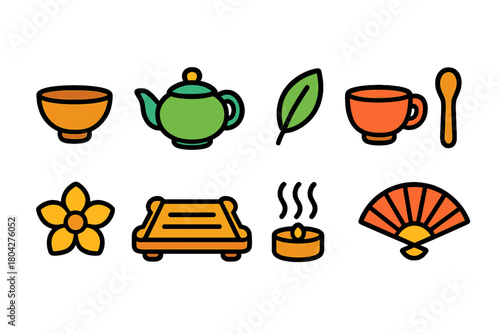 Tea ceremony flat icon set. Traditional, culture, drink icons collection for tea lovers