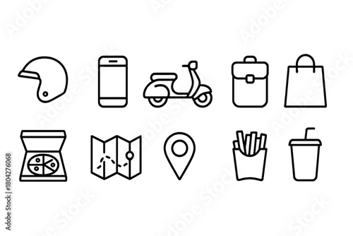 Travel and leisure line icon set. Helmet, map, shopping, mobile icons outline collection