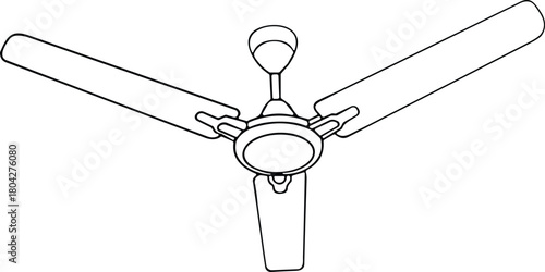 Ceiling fan line drawing, three blade design, black and white sketch, indoor air circulation, vector illustration, digital artwork, home decor