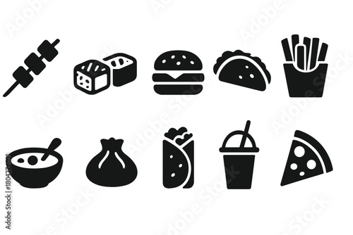 Street food silhouette icon set featuring global snacks and fast food favorites
