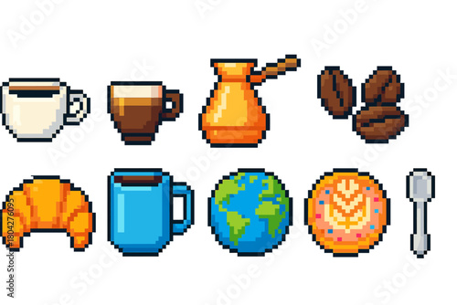 Breakfast and coffee pixel icon set. Morning, beverage, food, breakfast icons collection
