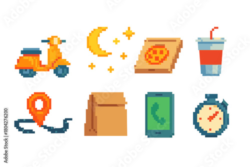 Food delivery pixel art icon set. Scooter, drinks, pizza, smartphone icons in pixel style.