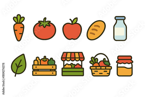 Farmers market flat icon set. Fresh produce, fruits, vegetables collection