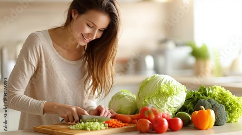 A caucasian woman is chopping vegetables in a bright, modern kitchen, with a happy expression