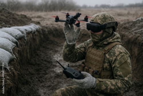 Camouflaged soldier with goggles prepares to launch surveillance drone from snowy trench during winter military operation in muddy battlefield terrain.