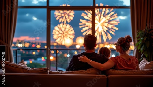 Celebrating family togetherness new year's eve urban apartment, on a sofa watching fireworks through a large window, cozy living room ambience with soft warm tones