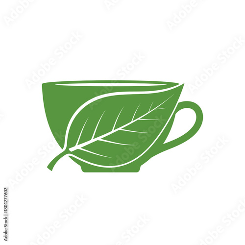 Green Tea Cup with Leaf Design for Herbal Beverage.