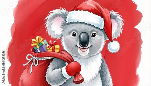 Festive illustration of a cute koala celebrating Christmas. Happy animal character wearing a Santa hat and carrying a sack of presents on a red background with copy space.