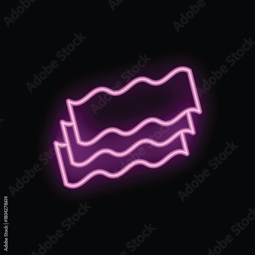Neon sign is depicting three slices of crispy bacon glowing on a black background