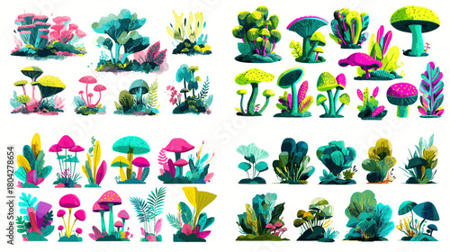 Vivid illustration collection of mushrooms, forest plants, and fantasy foliage in bright hues, ideal for botanical designs and whimsical nature artwork.