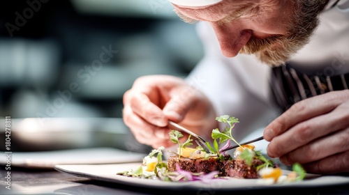 Wallpaper Mural A chef in a white hat and jacket delicately plates food, using tweezers to garnish a dish on a rectangular plate Torontodigital.ca